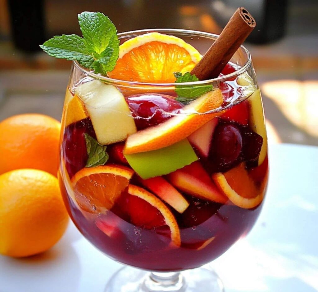 Pichet de sangria sans alcool colorée avec fruits et menthe