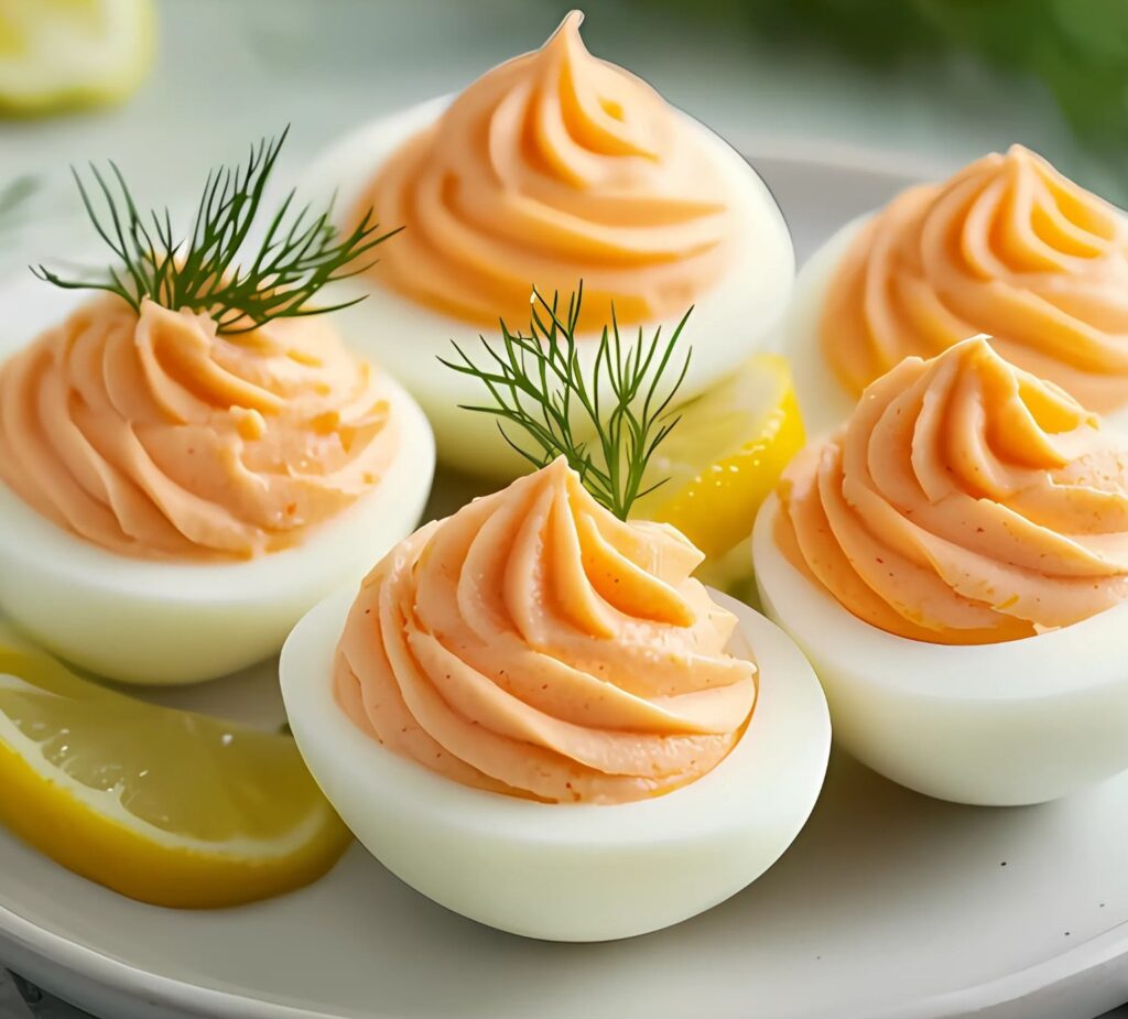 Œufs farcis à la mousse de saumon, décorés d’aneth et de zeste de citron, présentés sur un plat élégant.