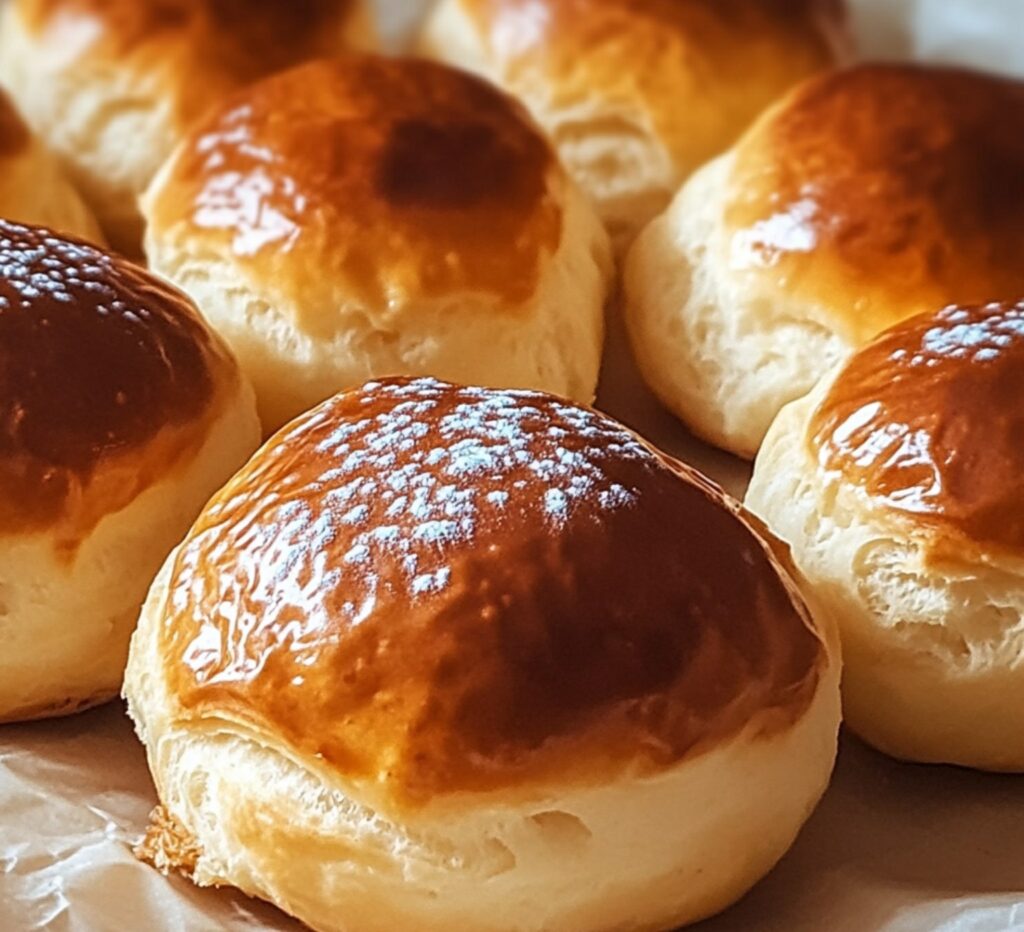 Brioches au yaourt dorées, servies sur une assiette, accompagnées d'une tasse de café et de confiture.