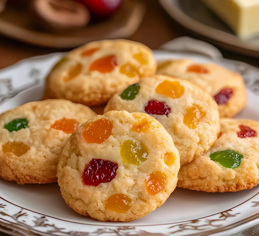 Biscuits aux fruits confits dorés, servis sur une assiette avec une tasse de thé.