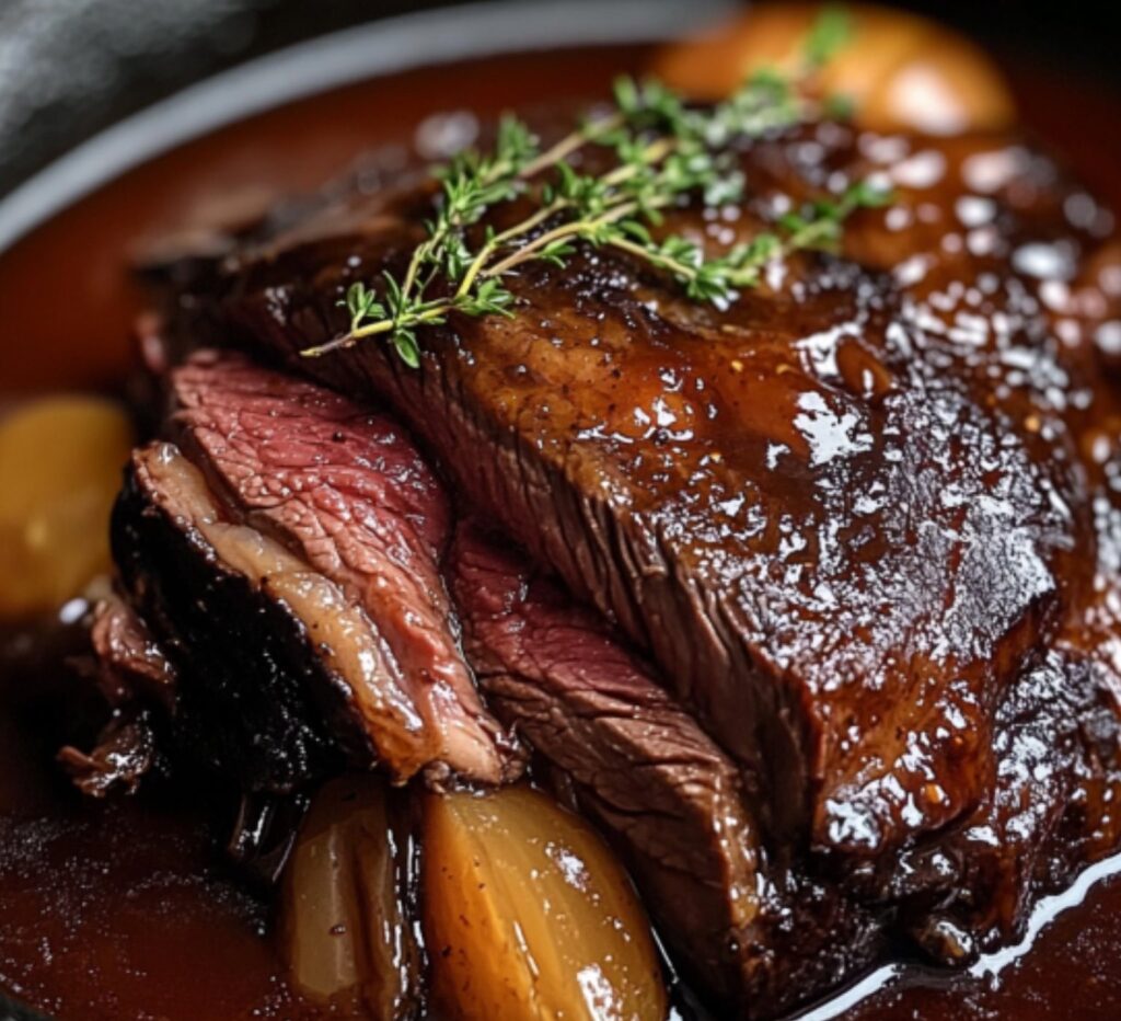 Joue de bœuf au cidre, servie avec des carottes et nappée de sauce onctueuse.