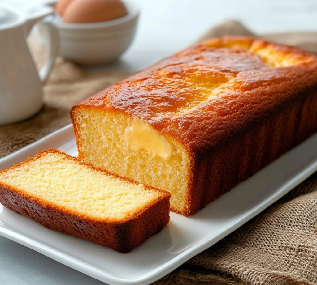 Gâteau au yaourt extra moelleux, doré et tranché, accompagné d’une tasse de thé et d’une nappe en coton blanc.