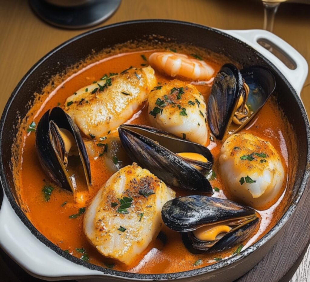 Marmite de la mer garnie de poisson, moules et crevettes, accompagnée de sauce rouille et croûtons.