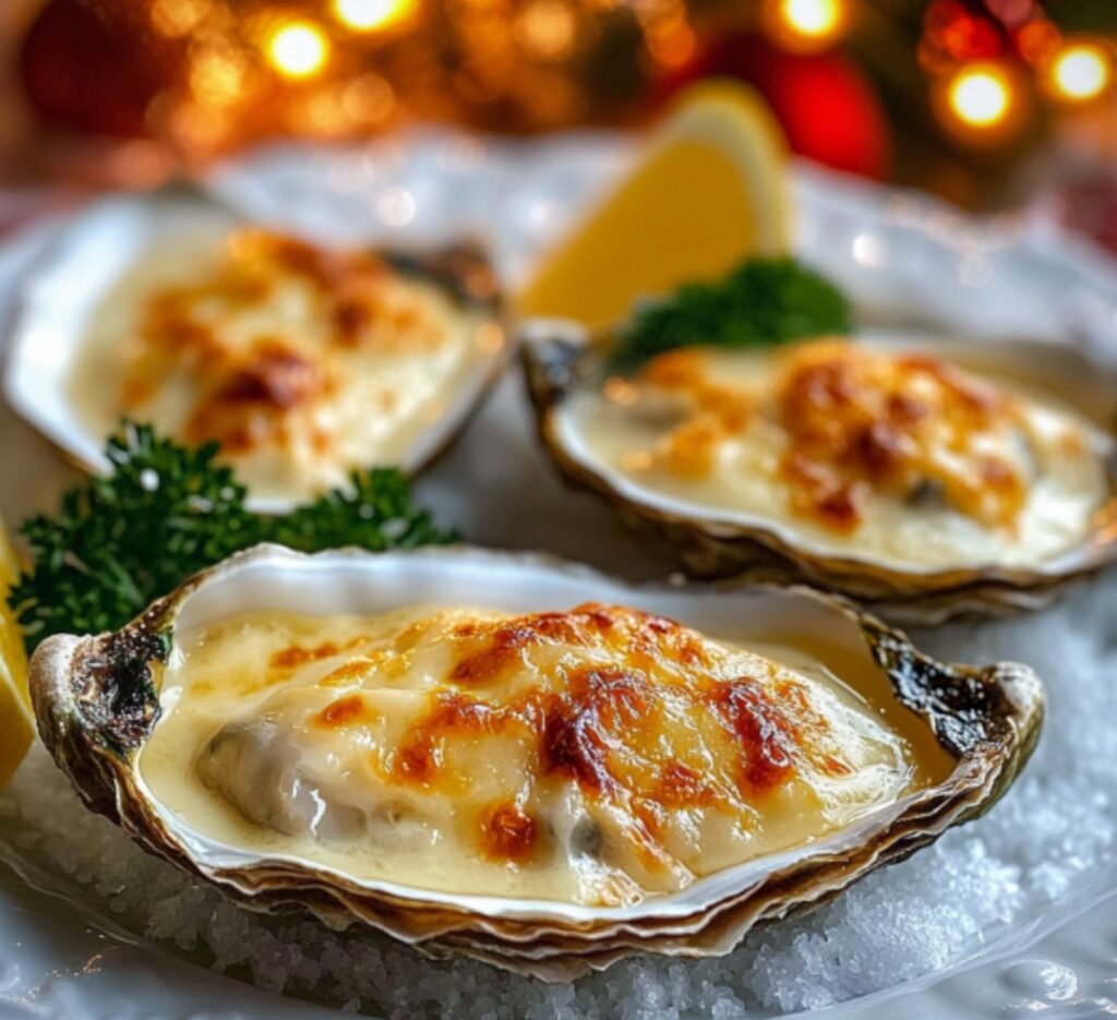 Huîtres gratinées au four, dorées et garnies de persil frais, servies avec des quartiers de citron.