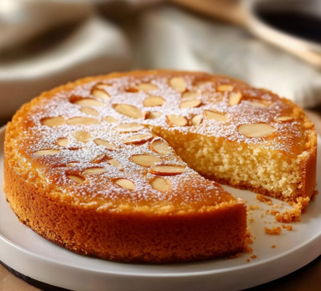 Namandier fondant aux amandes, décoré d’amandes effilées et saupoudré de sucre glace