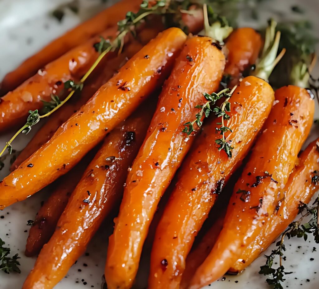 Carottes rôties dorées au four, garnies de thym frais et servies dans un plat rustique