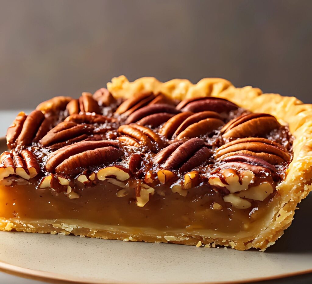 Tarte aux noix de pécan dorée et gourmande, prête à être dégustée.