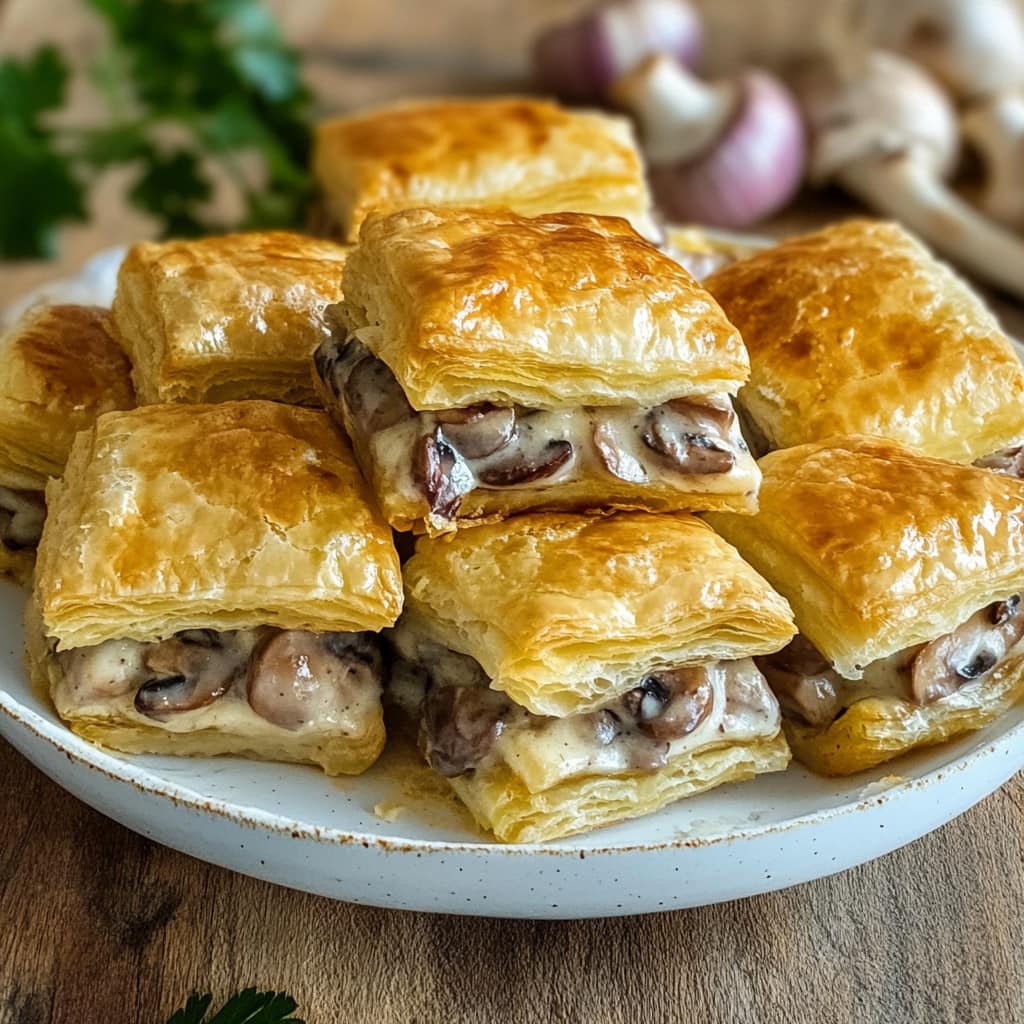 Feuilletés dorés aux champignons et crème à l’ail