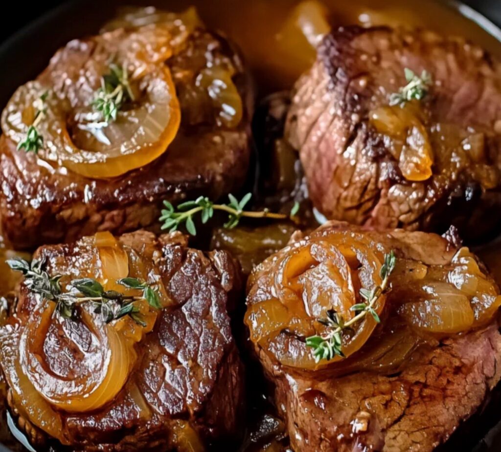 Filet mignon au miel, aux oignons et au gingembre, servi avec riz pilaf et ananas.