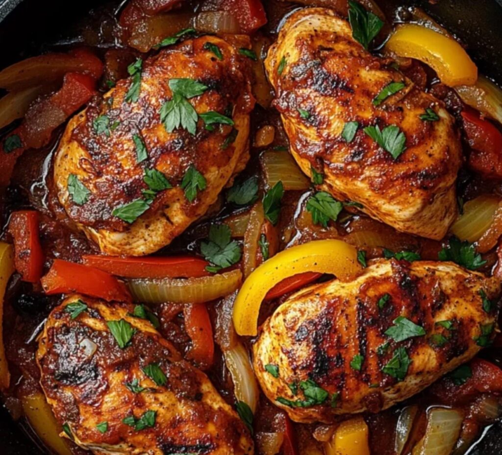 Poulet aux poivrons, oignons et tomates, plat coloré et savoureux.