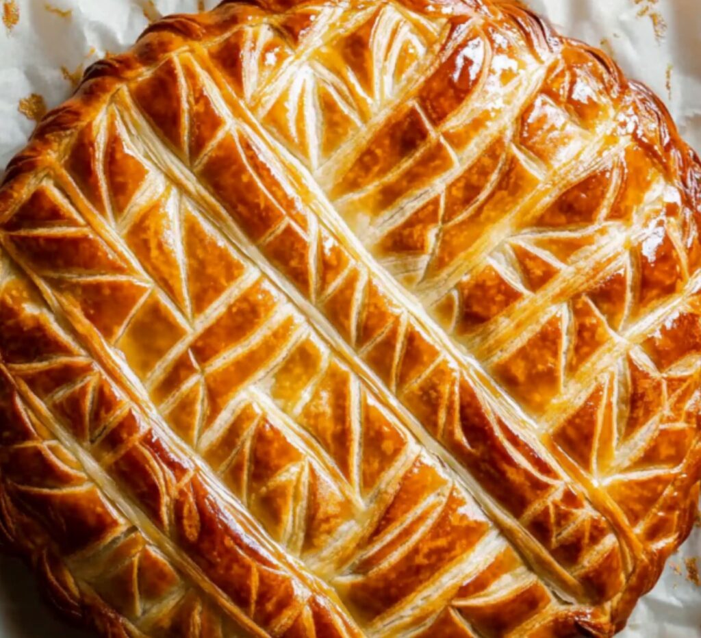 Une galette des rois dorée, décorée de motifs élégants, servie avec une part découpée révélant la frangipane.