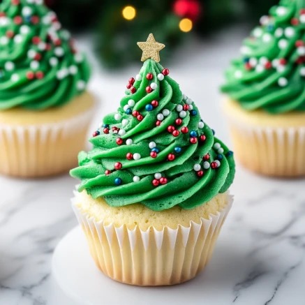 Cupcakes sapin de Noël avec glaçage vert et décorations scintillantes