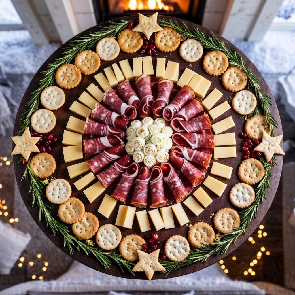 Couronne festive de charcuterie et fromage joliment décorée avec crackers et canneberges