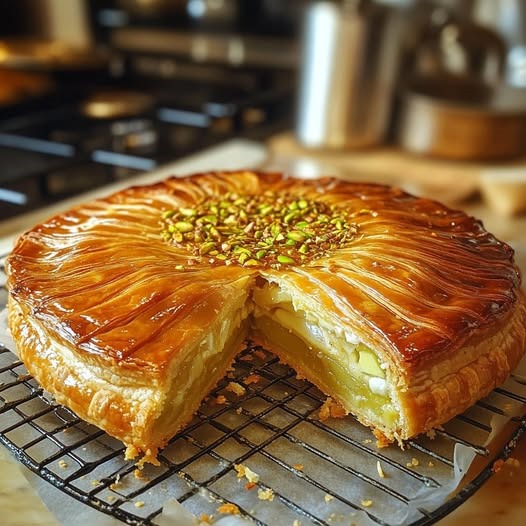 Galette des Rois à la crème de pistache dorée et décorée