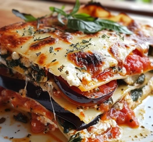 Lasagnes tomates, aubergines, épinards et ricotta gratinées avec du parmesan doré