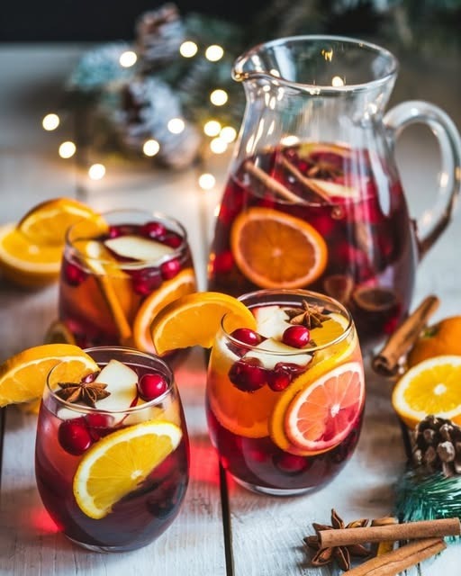 Sangria de Noël sans alcool servie dans des verres décorés de fruits et menthe.