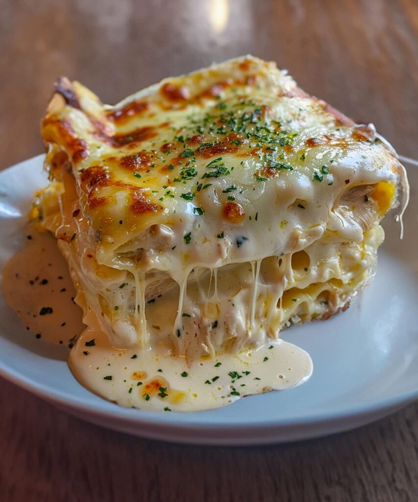 Lasagnes au poulet et sauce blanche crémeuse dans un plat gratiné.