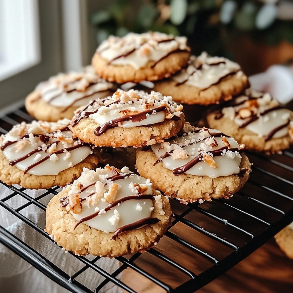 Biscuits sablés coco avec chocolat blanc et noir décorés de noix de coco râpée et éclats de noisettes.