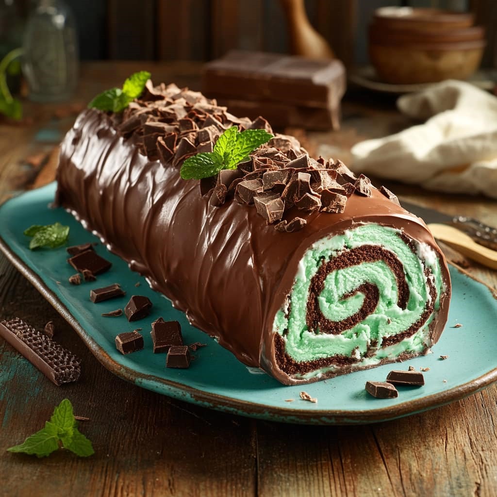 Bûche menthe chocolat glacée décorée de feuilles de menthe et de copeaux de chocolat noir.