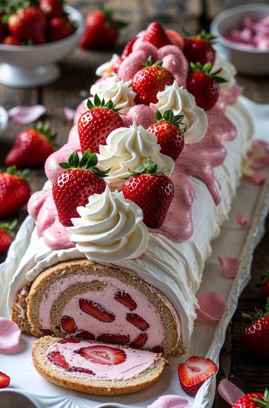 Bûche glacée aux fraises et chantilly décorée de fraises fraîches et de copeaux de chocolat blanc.