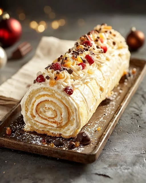 Bûche au mascarpone et fruits rouges décorée de fruits frais