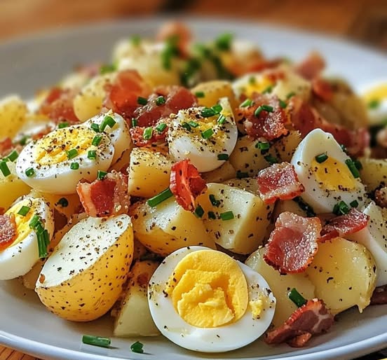 Salade pomme de terre lardons œufs servie avec ciboulette