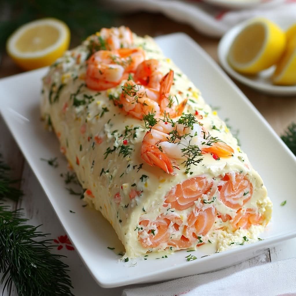 Bûche de Noël salée garnie de saumon fumé, crevettes et herbes fraîches