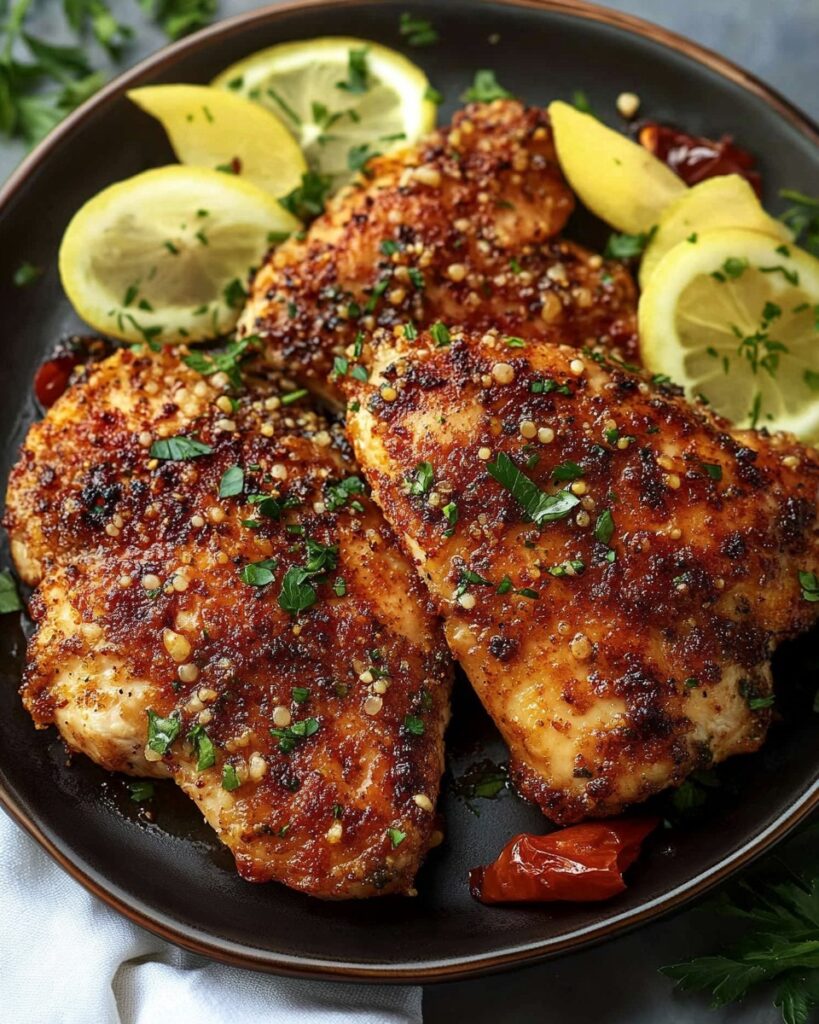 Poulet aplati doré et croustillant servi avec des légumes grillés