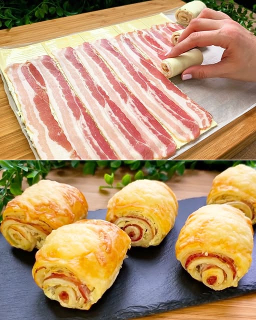 Feuilletés dorés au fromage et bacon, servis sur une assiette avec des herbes fraîches