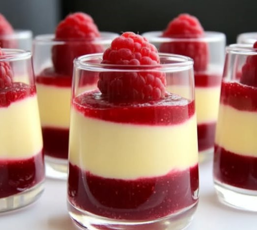 Verrines élégantes de mousse au chocolat blanc et à la framboise, décorées de framboises fraîches et de feuilles de menthe.