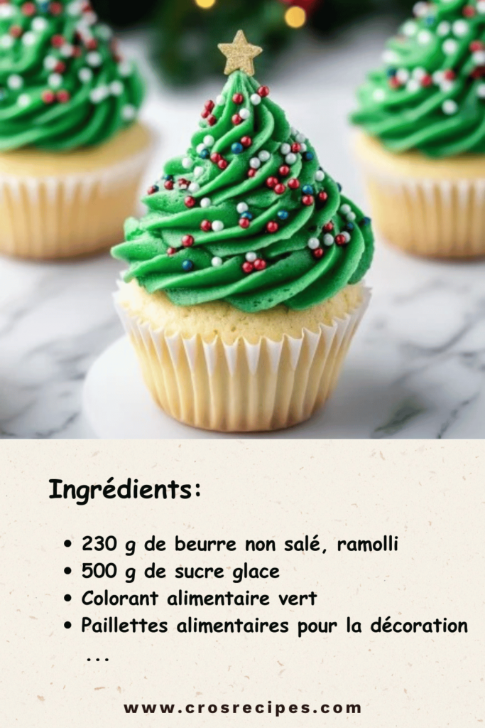 Cupcakes sapin de Noël avec glaçage vert et décorations scintillantes