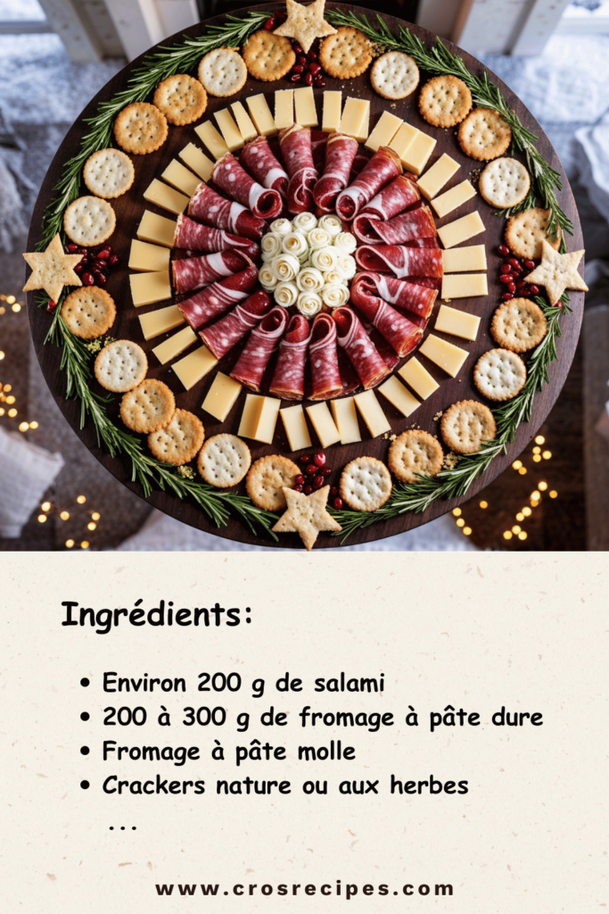 Couronne festive de charcuterie et fromage joliment décorée avec crackers et canneberges