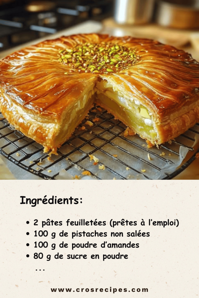 Galette des Rois à la crème de pistache dorée et décorée