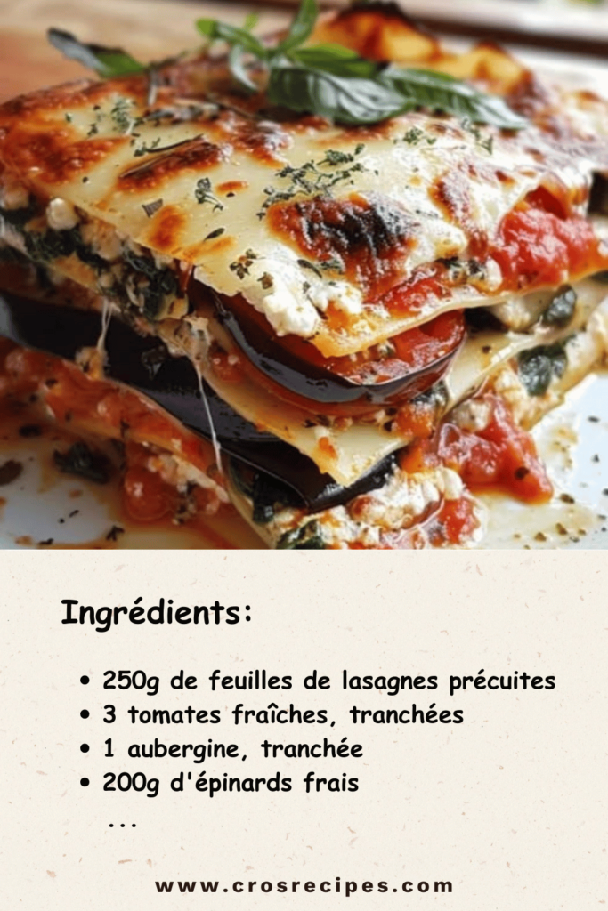 Lasagnes tomates, aubergines, épinards et ricotta gratinées avec du parmesan doré