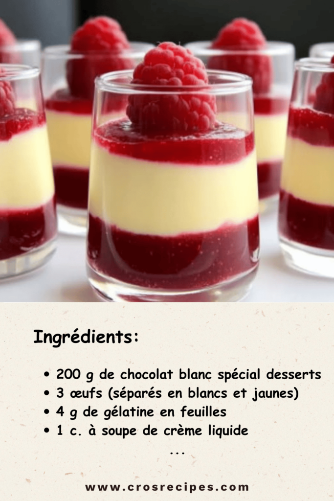 Verrines élégantes de mousse au chocolat blanc et à la framboise, décorées de framboises fraîches et de feuilles de menthe.