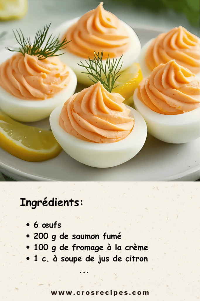 Œufs farcis à la mousse de saumon, décorés d’aneth et de zeste de citron, présentés sur un plat élégant.