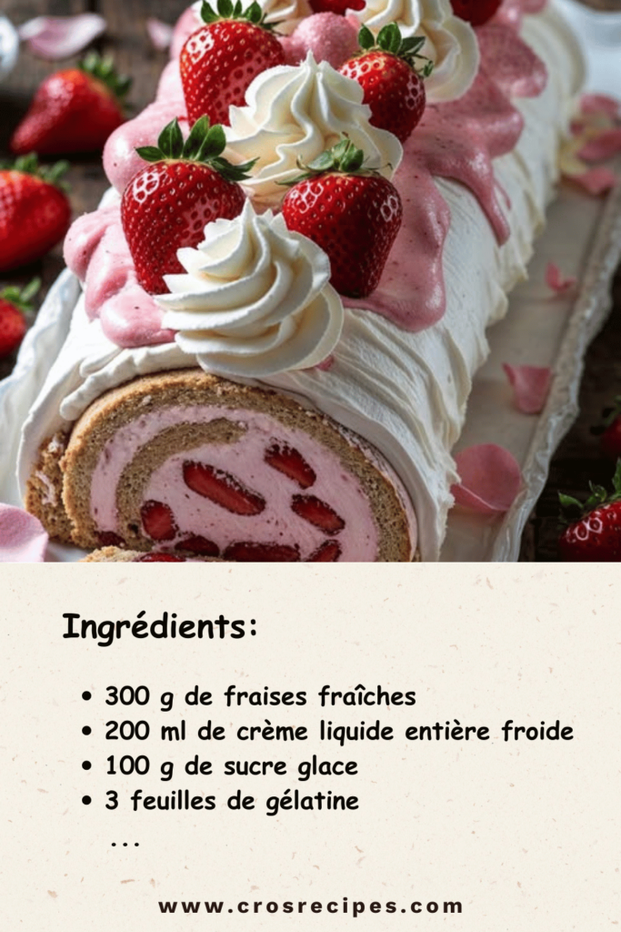 Bûche glacée aux fraises et chantilly décorée de fraises fraîches et de copeaux de chocolat blanc.