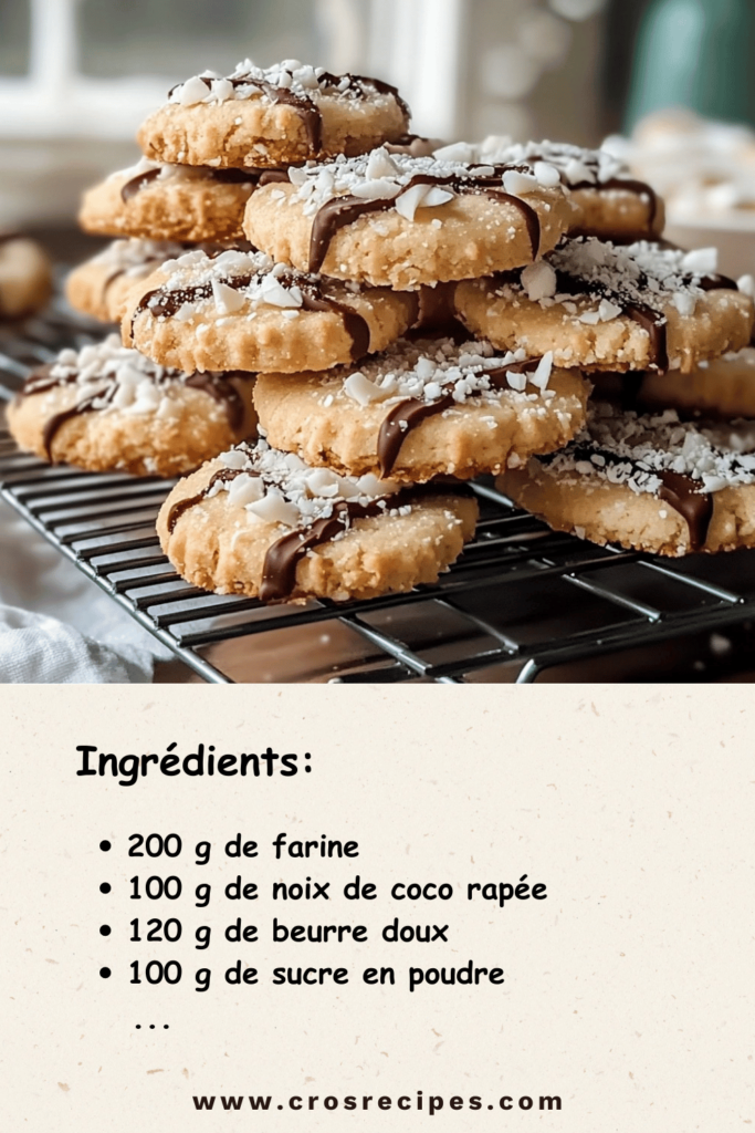 Biscuits sablés coco avec chocolat blanc et noir décorés de noix de coco râpée et éclats de noisettes.