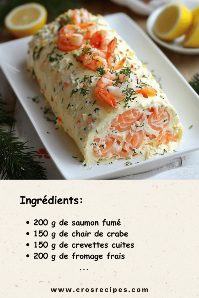 Bûche de Noël salée garnie de saumon fumé, crevettes et herbes fraîches