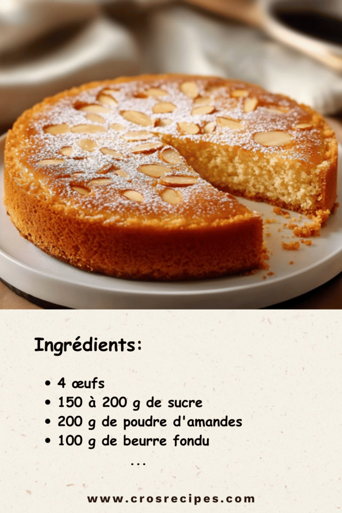 Namandier fondant aux amandes, décoré d’amandes effilées et saupoudré de sucre glace