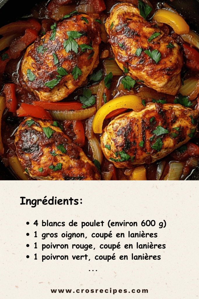 Poulet aux poivrons, oignons et tomates, plat coloré et savoureux.