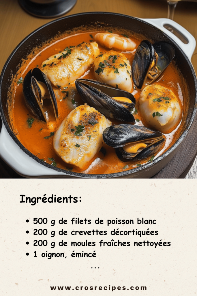 Marmite de la mer garnie de poisson, moules et crevettes, accompagnée de sauce rouille et croûtons.