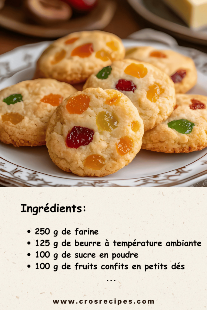 Biscuits aux fruits confits dorés, servis sur une assiette avec une tasse de thé.