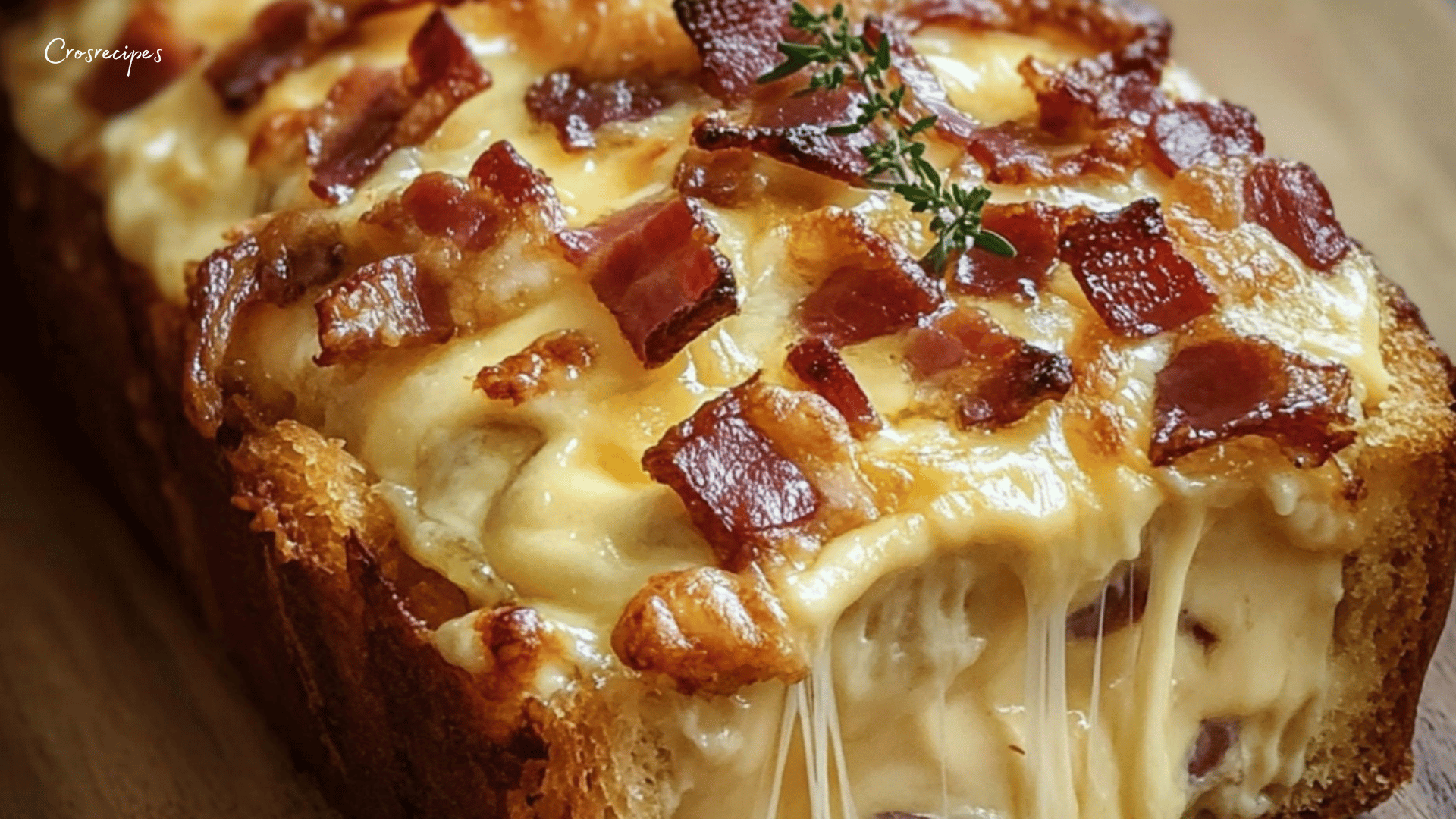 Cake salé au camembert et lardons, doré et tranché, servi avec du thym frais et une salade verte