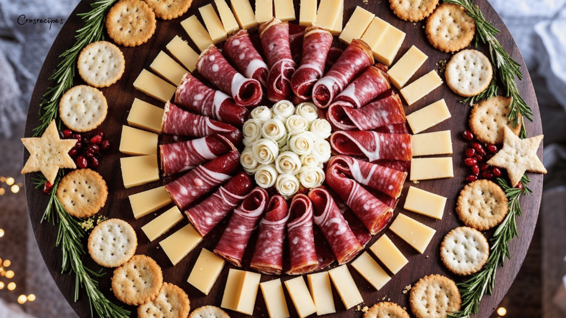 Couronne festive de charcuterie et fromage joliment décorée avec crackers et canneberges