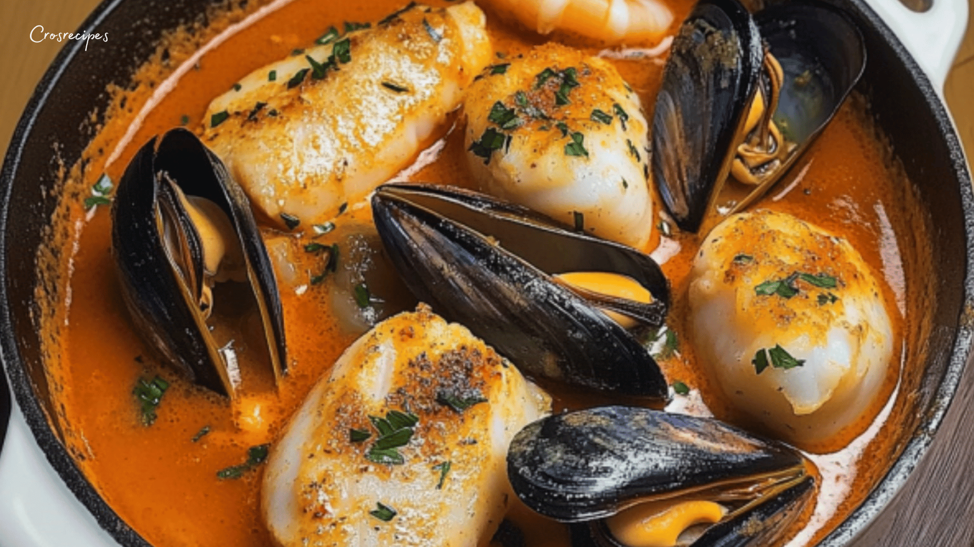 Marmite de la mer garnie de poisson, moules et crevettes, accompagnée de sauce rouille et croûtons.