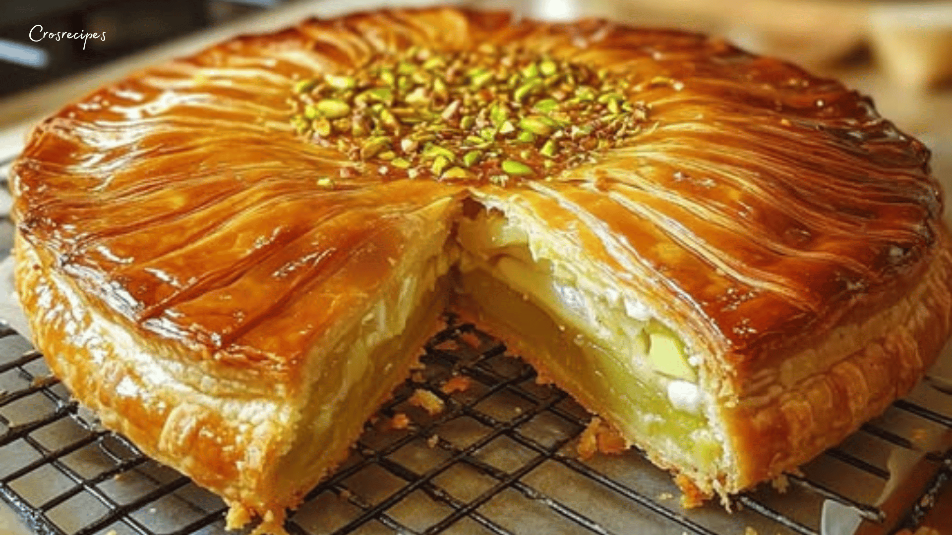 Galette des Rois à la crème de pistache dorée et décorée