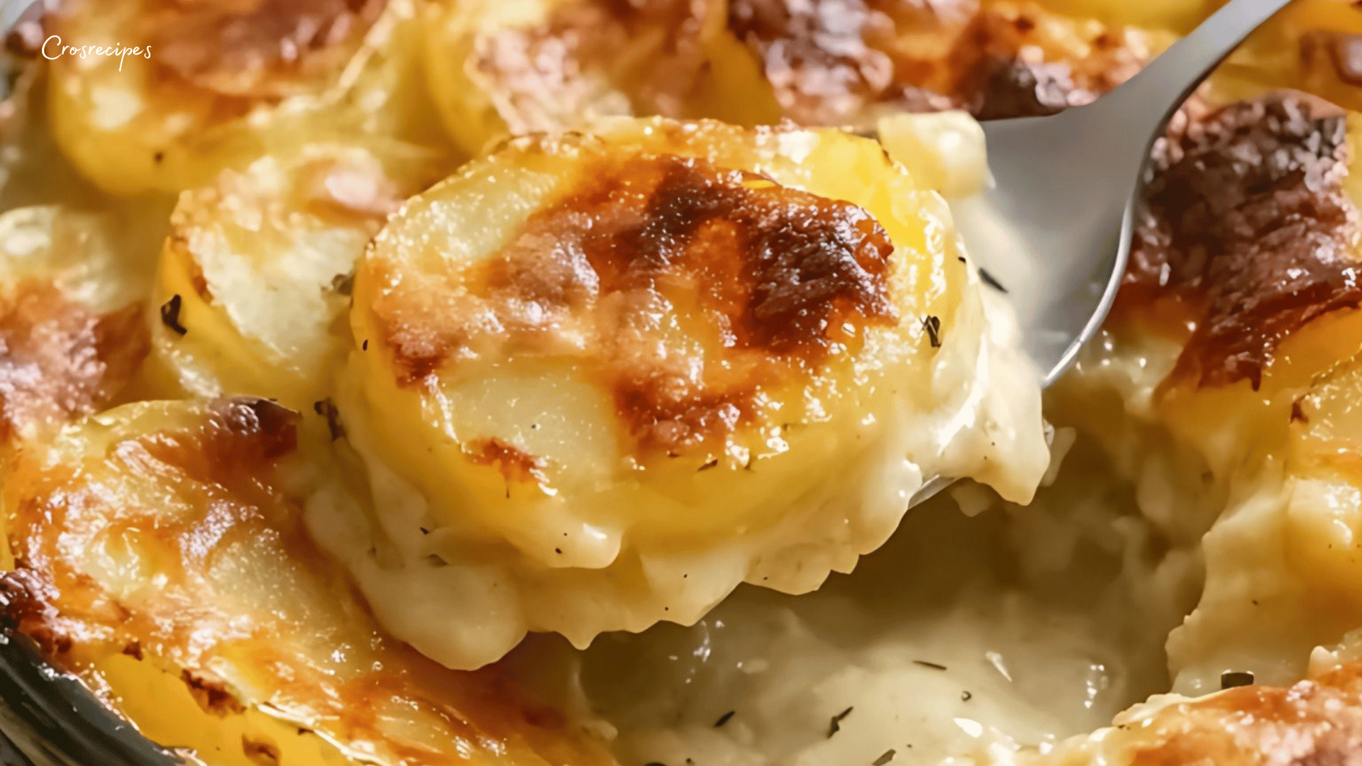 Gratin dauphinois doré, servi dans un plat en céramique avec des pommes de terre fondantes.