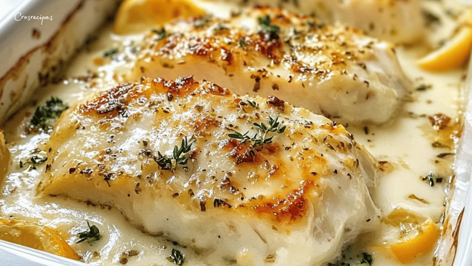 Filets de cabillaud au four, délicatement dorés, servis avec des rondelles de citron et des herbes fraîches.