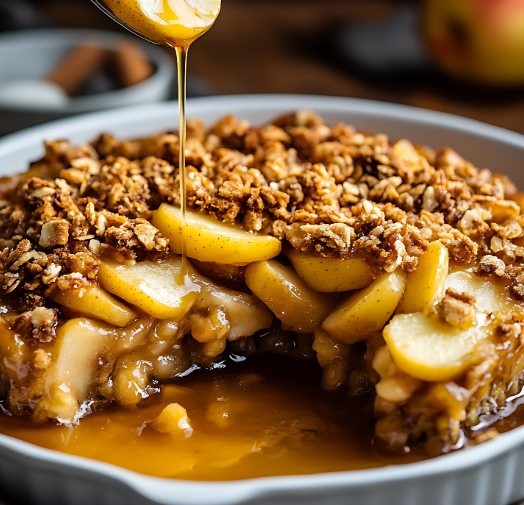 Crumble de pommes au sirop d'érable doré et croustillant.